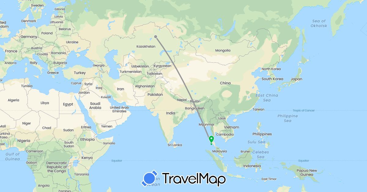 TravelMap itinerary: driving, bus, plane in Kazakhstan, Thailand (Asia)